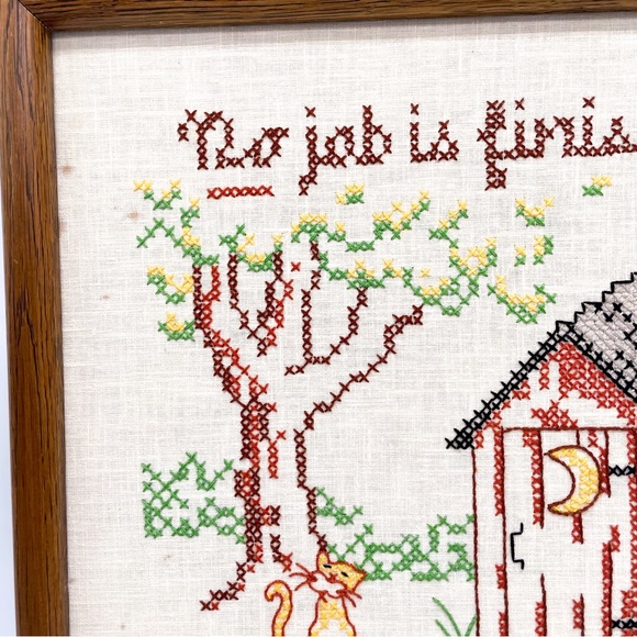Vintage Cross Stitch Bathroom Sign No Job is Finished Wall Hanging - Picture 12 of 13
